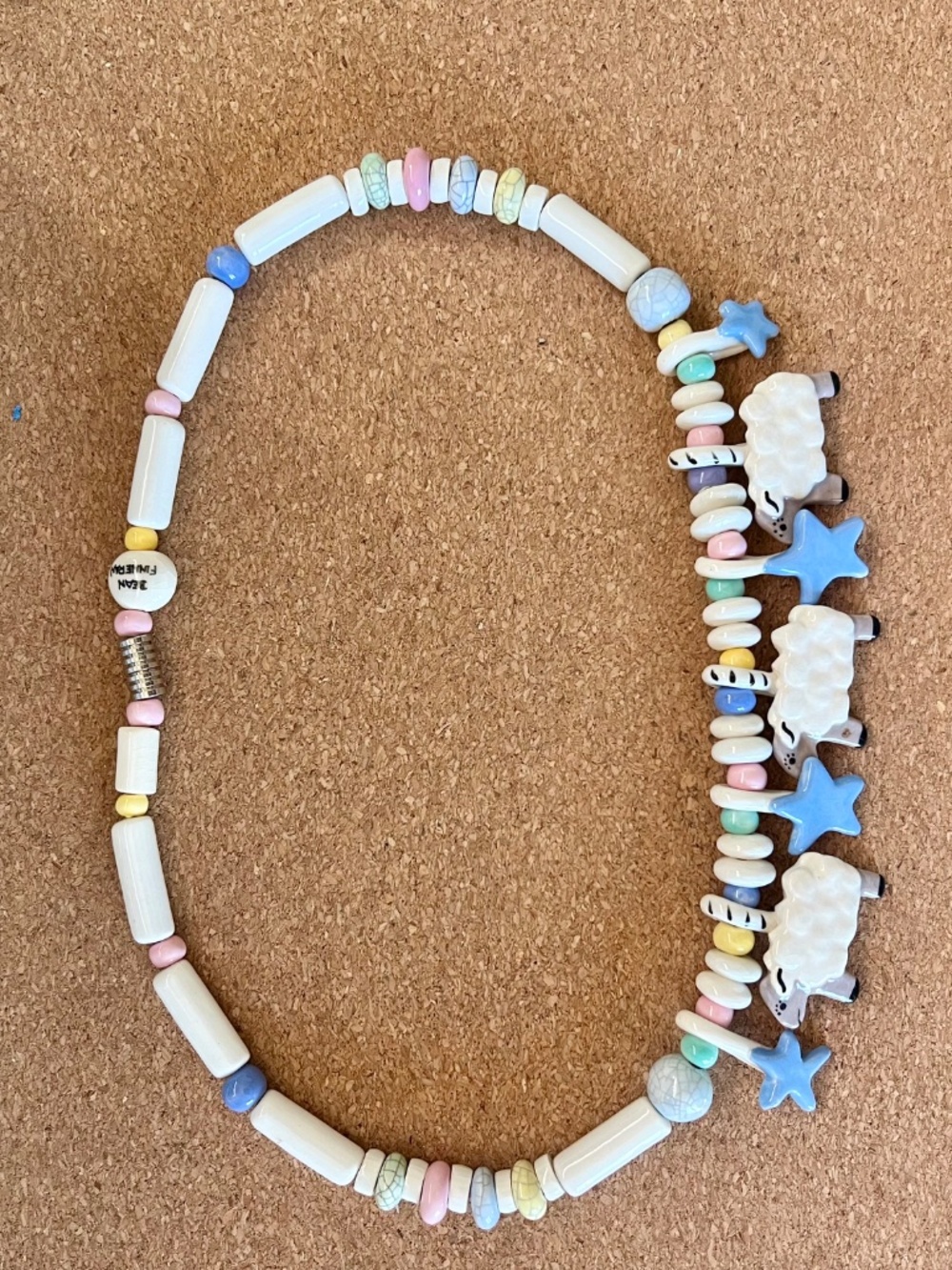 Vintage Flying Colors Ceramic Sheep & Stars Necklace Signed 1980s
